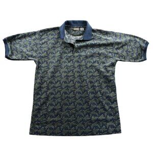Bugle Boy Men's Polo Shirt Medium Blue Leaf Print Classic Retro Casual